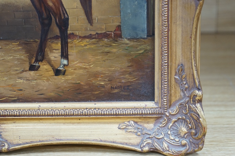 Nadler, oil on board, Study of a horse in a stable, signed, 29 x 39cm, ornate gilt frame. Condition - good